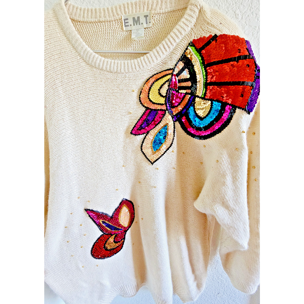 Vintage Tunic Sweater Ivory Colorful Sequin Floral - Size Large